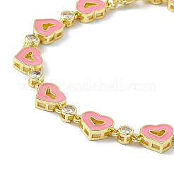 Pink Enamel Heart & Cubic Zirconia Link Chain Bracelet&nbsp;BJEW-P288-14G