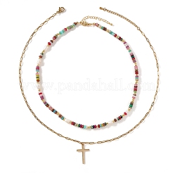 Adjustable Stainless Steel Cross Pendant Faux Pearl and Glass Beaded Double layered Necklaces for Women&nbsp;KF1328