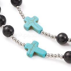 Synthetic Turquoise & Wood Rosary Bead Necklace&nbsp;NJEW-JN04431-01