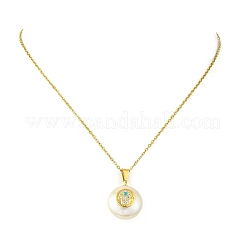 Natural Cultured Freshwater Pearl Coin with Hamsa Hand Pendant 304 Stainless Steel Cable Chain Necklaces for Women&nbsp;NJEW-JN06119