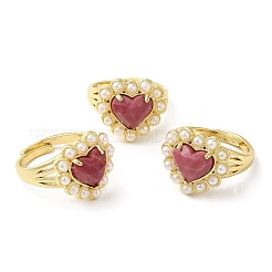 Ion Plating(IP) Natural Mixed Gemstone Heart Adjustable Ring with Plastic Pearl Beaded&nbsp;RJEW-E075-05G