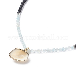 Natural Aquamarine & Lava Rock Beaded Necklace with Brass Charm&nbsp;NJEW-JN03997