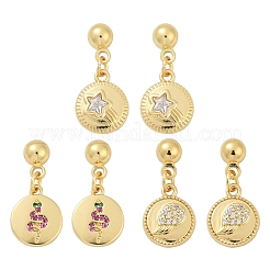 Flat Round with Star & Wing & Snake Brass Micro Pave Cubic Zirconia Dangle Stud Earrings&nbsp;EJEW-Z115-01G