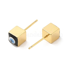 Long-Lasting Plated Cube with Enamel Evil Eye Stud Earring&nbsp;EJEW-E272-01G-02