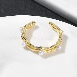 Brass with ABS Plastic Pearl Cuff Open Rings&nbsp;RJEW-Z145-07G