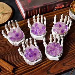 Halloween Theme Natural Amethyst Cluster on Resin Skeleton Hand&nbsp;PW-WG84B0A-01