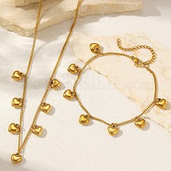 304 Stainless Steel Heart Pendant Curb Chain Necklaces & Bracelets Sets for Women&nbsp;SJEW-F225-02G