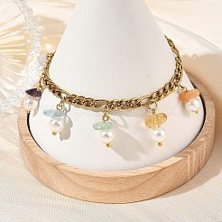 Natural Mixed Stone Chip and Shell Pearl Beads Tassel 304 Stainless Steel Figaro Chain Bracelets&nbsp;BJEW-JB14346-01