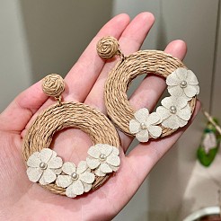 Bohemian Style Raffia & Cloth Dangle Stud Earrings&nbsp;FS-WG07AB6-01
