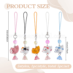 5Pcs Cat Porcelain & Glass Mobile Straps&nbsp;HJEW-FG00039