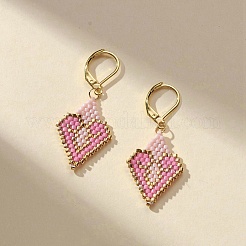 Glass Seed Braided Rhombus with Heart Dangle Leverback Earrings&nbsp;EJEW-MZ00030-01
