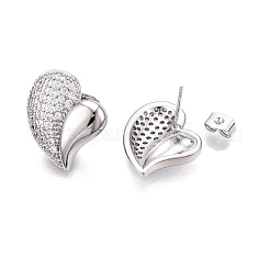 Left and Right Heart Brass Pave Clear Cubic Zirconia Stud Earrings&nbsp;EJEW-M258-040P