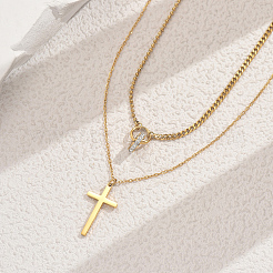 Stainless Steel Crystal Rhinestone Cross Pendant Double Layer Necklaces for Women&nbsp;LS-BW9176