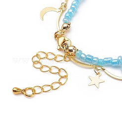 Brass Moon and Star Charms & Seed Flower Double Layer Multi-strand Bracelet for Women&nbsp;BJEW-JB08849