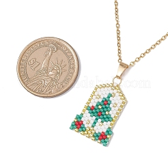 Glass Seed Beaded Rectangle with Christmas Tree Pendant 304 Stainless Steel Cable Chain Necklaces for Women&nbsp;NJEW-MZ00136