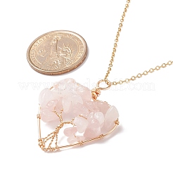 Natural Rose Quartz Chips Heart with Tree of Life Pendant Necklace&nbsp;NJEW-JN03906-01