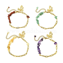 Natural Mixed Stone Chip Beads 304 Stainless Steel Paperclip Chain Bracelets with Alloy Bowknot Charms&nbsp;BJEW-JB14187