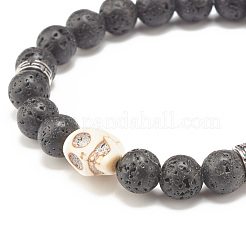 3Pcs 3 Style Natural Lava Rock & Wood Beaded Stretch Bracelets Set with Skull&nbsp;BJEW-JB07827