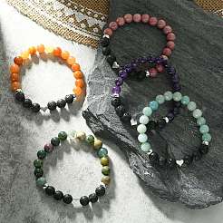 Natural Mixed Stone & Lava Rock & Alloy Heart Beaded Stretch Bracelet&nbsp;BJEW-JB09633