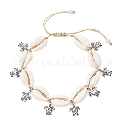 Adjustable Ocean Alloy Turtle Charms Natural Cowrie Shell Braided Bead Anklets for Womem&nbsp;AJEW-AN00784