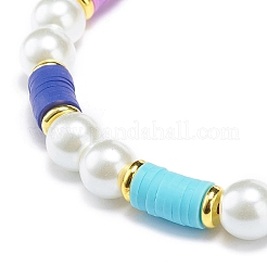 Polymer Clay Heishi & Glass Pearl & Brass Beaded Stretch Bracelet for Women&nbsp;BJEW-JB08754