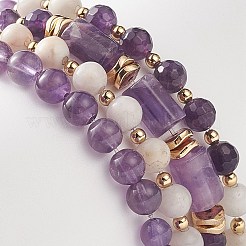 4Pcs 4 Style Natural Amethyst & White Crazy Agate & Brass Beaded Stretch Bracelets Set&nbsp;BJEW-JB08998