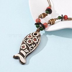 Ceramic Fish Pendant Adjustable Waxed Cord Necklaces for Women&nbsp;NJEW-B146-04