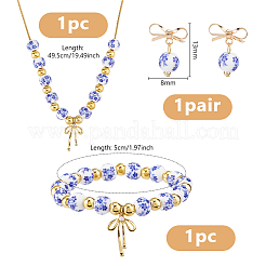 Flower Printed Porcelain Bead with Brass Bowknot Dangle Stud Earrings & Charm Bracelet & Pendant Necklaces Sets&nbsp;SJEW-DC00004