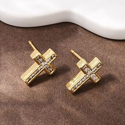 Brass Micro Pave Clear Cubic Zirconia Cross Stud Earrings&nbsp;EJEW-F400-22B-G