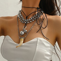 Resin Wolf Tooth Shape & Alloy Bell Pendant Waxed Cord 3 Layer Necklaces for Women&nbsp;FS-WGF67BB-02