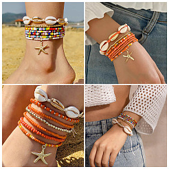 2 Bags Summer Beach Glass Seed Beaded & Natural Shell & Alloy Starfish Charm Anklet Sets&nbsp;AJEW-TA0003-69C