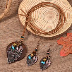 Iron & Wood & Suede Cord Pendant Necklaces & Dangle Earrings Sets&nbsp;FS-WGBCDFB-01
