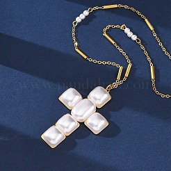 Cross 304 Stainless Steel & Plastic Pearl Pendant Necklaces for Women&nbsp;NJEW-U032-12G