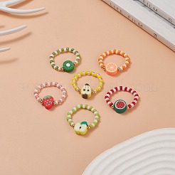 6Pcs 6 Style Strawberry & Watermelon & Kiwi & Apple & Lemon Polymer Clay & Glass Seed Stretch Rings Set&nbsp;RJEW-TA00070