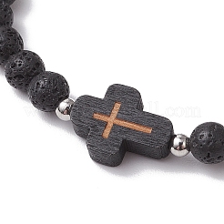 Cross Natural Lava Rock Beads & Wood Round Beads Stretch Bracelets for Men Women&nbsp;BJEW-JB11832-01