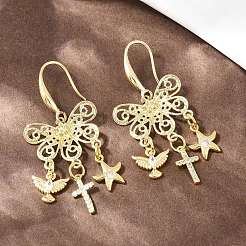 Cross with Bird & Starfish Brass Clear Cubic Zirconia Dangle Earrings&nbsp;EJEW-H182-01G