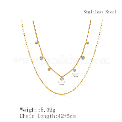 Light Luxury Stainless Steel Pave Clear Cubic Zirconia Flat Round Tassel Double Layer Necklaces for Women Daily Wear&nbsp;HJ1929-2