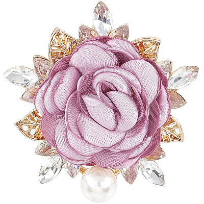 Cloth Rose with Crystal Rhinestone Brooch Pin, Light Gold Alloy Fashion  Badge with Imitation Pearl for Clothes Shawl, Purple,