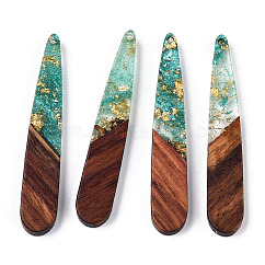 Transparent Resin & Walnut Wood Pendants, with Gold Foil, Teardrop Charms, Waxed, Light Sea Green, 44x7.5x3.5mm, Hole: 1.5mm