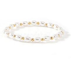 Elegant Imitation Pearl Rice Beaded Stretch Bracelets, with Stainless Steel and Brass Findings for Women, Golden, White, 6.89 inch(17.5cm)