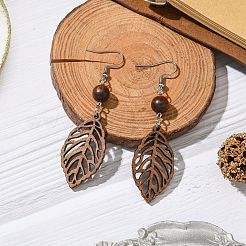 Leaf Natural Walnut Wood Dangle Earrings for Women&nbsp;EJEW-JE06101-01