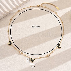 Stainless Steel Pave Clear Cubic Zircon Column & Imitation Shell Black Heart Link Chain Necklaces for Women&nbsp;HU5072