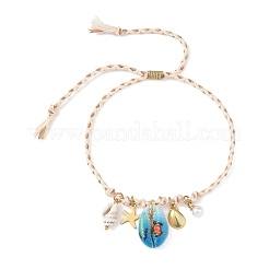 Boho Ocean Printed Natural Cowrie Shell & 304 Stainless Steel Starfish & Turtle Synthetic Turquoise Charm Braided Adjustable Anklets&nbsp;AJEW-AN00852