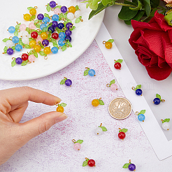 60Pcs Natural Dyed Malaysia Jade Round Fruit Charms with Glass Leaves&nbsp;FIND-DC0008-35