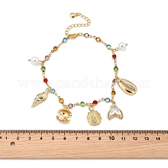 Bohemian Brass Glass Flat Round Link Chain Anklets&nbsp;AJEW-Z046-09G