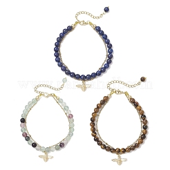 3Pcs Natural Fluorite & Lapis Lazuli & Tiger Eye Round Beads Multi-strand Bracelets&nbsp;BJEW-JB12034