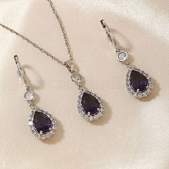 Brass Micro Pave Clear Cubic Zirconia & Glass Teardrop Pendant Necklaces & Earrings Sets for Women&nbsp;RT7280