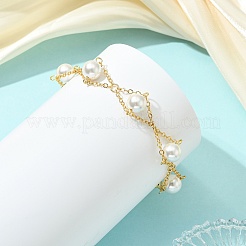 White Round Shell Pearl Brass Link Chain Bracelets for Women&nbsp;BJEW-JB14188