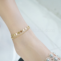 304 Stainless Steel Sequin Disc Link Chain & Ball Chain Double Layer Anklets for Women&nbsp;FS-WG0AA08-01