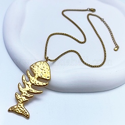 304 Stainless Steel Fish Bone Shaped Pendant Box Chain Necklaces for Women&nbsp;NJEW-L467-01G